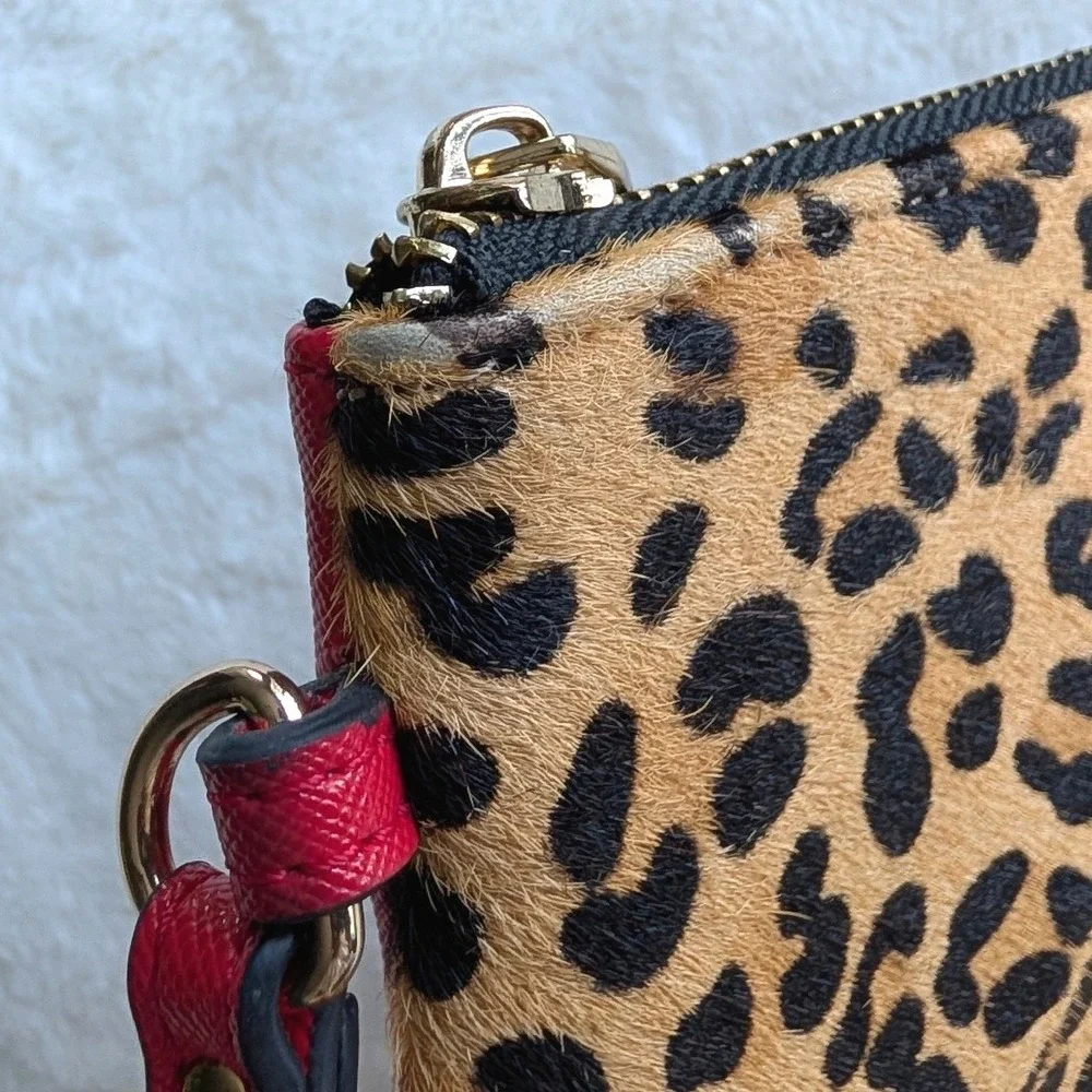 Dune London Leopard Print Calf Hair Crystal Wristlet Clutch Bag Red Accent